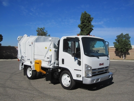 2008 GMC W5500 with Amrep Satellite 6yd Side Loader Refuse Truck